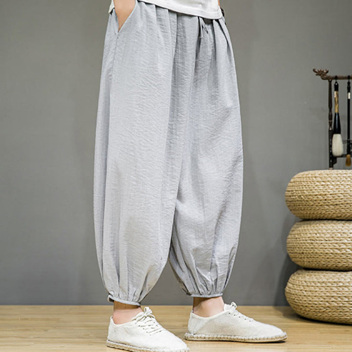 Pantalon Buddha Stones d'été en coton uni avec cordon de serrage et poches pour homme, longueur cheville - image 12