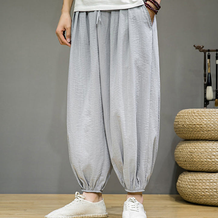 Pantalon Buddha Stones d'été en coton uni avec cordon de serrage et poches pour homme, longueur cheville - image 13