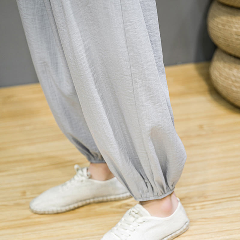 Pantalon Buddha Stones d'été en coton uni avec cordon de serrage et poches pour homme, longueur cheville - image 21