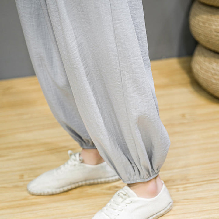 Pantalon Buddha Stones d'été en coton uni avec cordon de serrage et poches pour homme, longueur cheville - image 21