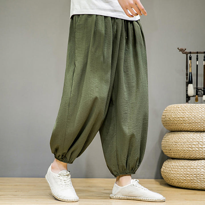 Pantalon Buddha Stones d'été en coton uni avec cordon de serrage et poches pour homme, longueur cheville - image 36