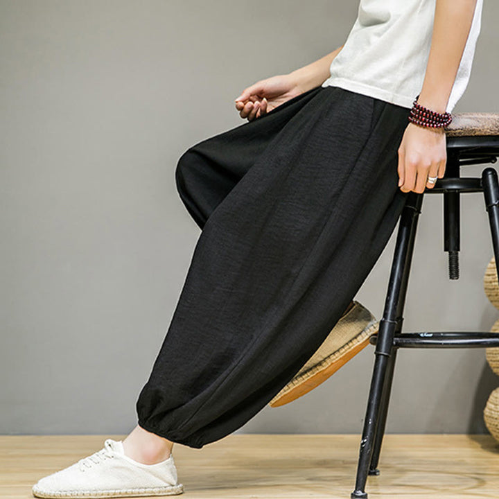 Pantalon Buddha Stones d'été en coton uni avec cordon de serrage et poches pour homme, longueur cheville - image 29