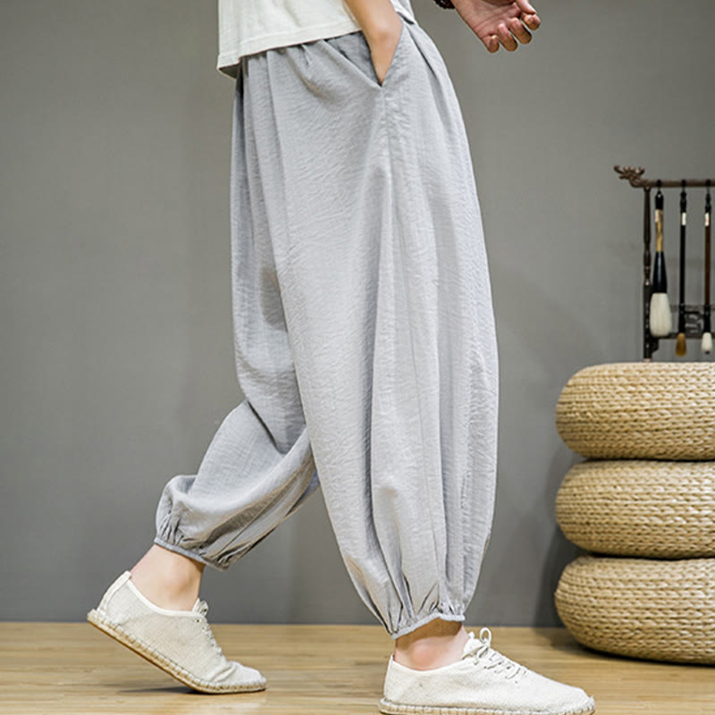 Pantalon Buddha Stones d'été en coton uni avec cordon de serrage et poches pour homme, longueur cheville - image 16