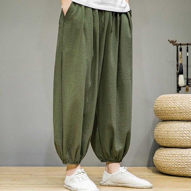 Pantalon Buddha Stones d'été en coton uni avec cordon de serrage et poches pour homme, longueur cheville - image 34