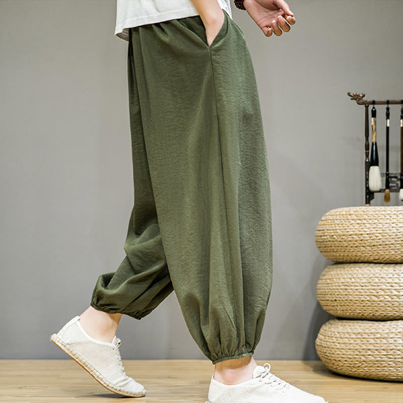 Pantalon Buddha Stones d'été en coton uni avec cordon de serrage et poches pour homme, longueur cheville - image 32