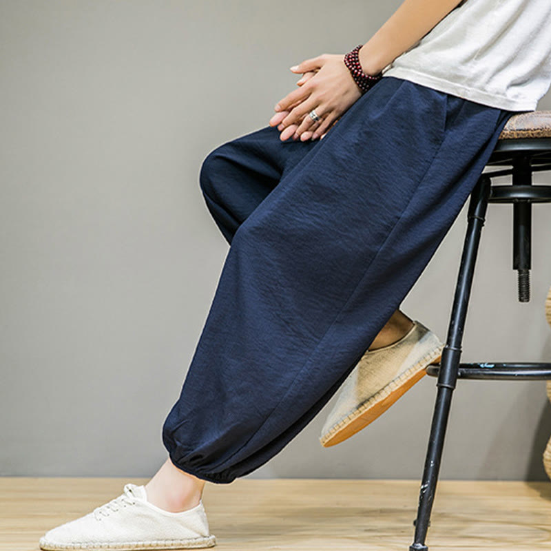 Pantalon Buddha Stones d'été en coton uni avec cordon de serrage et poches pour homme, longueur cheville - image 7