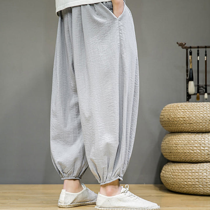 Pantalon Buddha Stones d'été en coton uni avec cordon de serrage et poches pour homme, longueur cheville - image 14