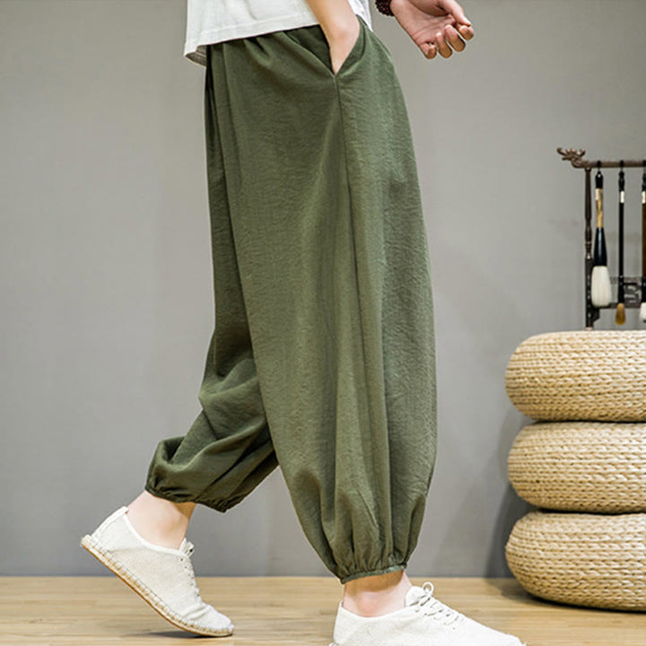 Pantalon Buddha Stones d'été en coton uni avec cordon de serrage et poches pour homme, longueur cheville - image 32