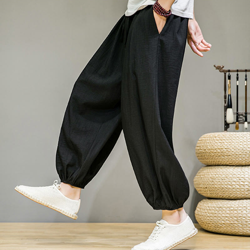 Pantalon Buddha Stones d'été en coton uni avec cordon de serrage et poches pour homme, longueur cheville - image 28