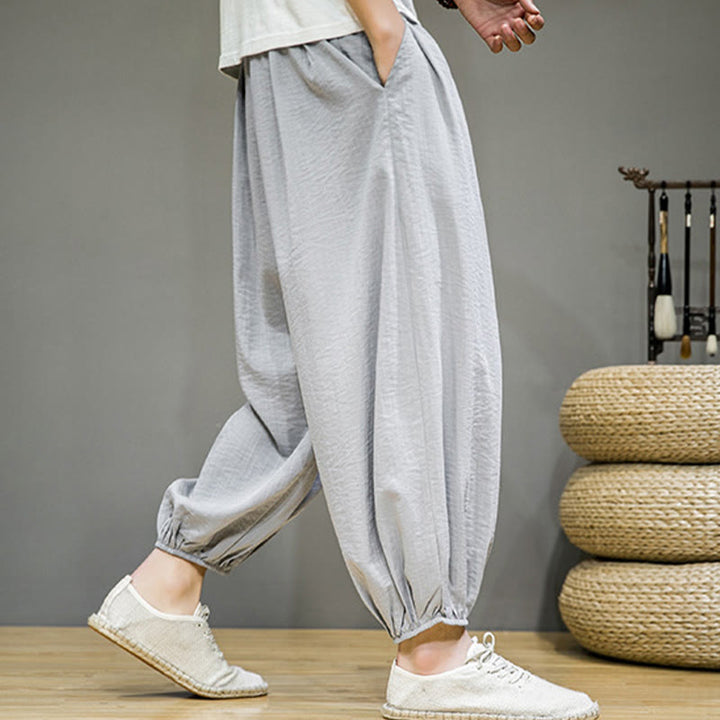 Pantalon Buddha Stones d'été en coton uni avec cordon de serrage et poches pour homme, longueur cheville - image 16