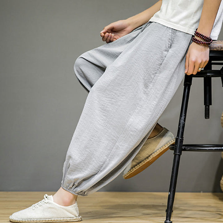 Pantalon Buddha Stones d'été en coton uni avec cordon de serrage et poches pour homme, longueur cheville - image 17