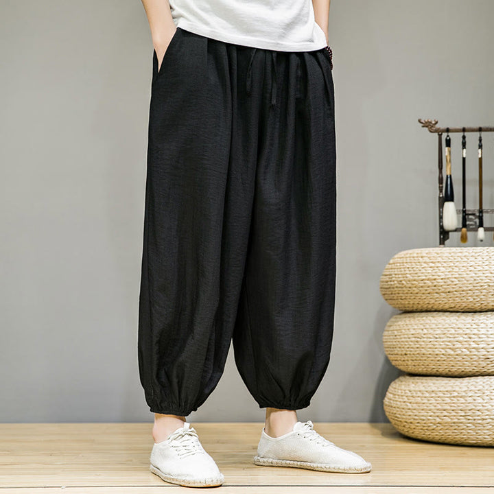 Pantalon Buddha Stones d'été en coton uni avec cordon de serrage et poches pour homme, longueur cheville - Noir - US/UK/AU46，EU56 (5XL) - image 22
