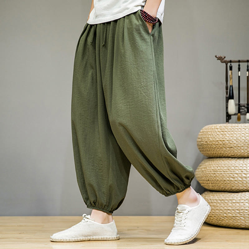 Pantalon Buddha Stones d'été en coton uni avec cordon de serrage et poches pour homme, longueur cheville - image 35