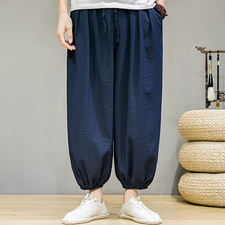 Pantalon Buddha Stones d'été en coton uni avec cordon de serrage et poches pour homme, longueur cheville - image 4
