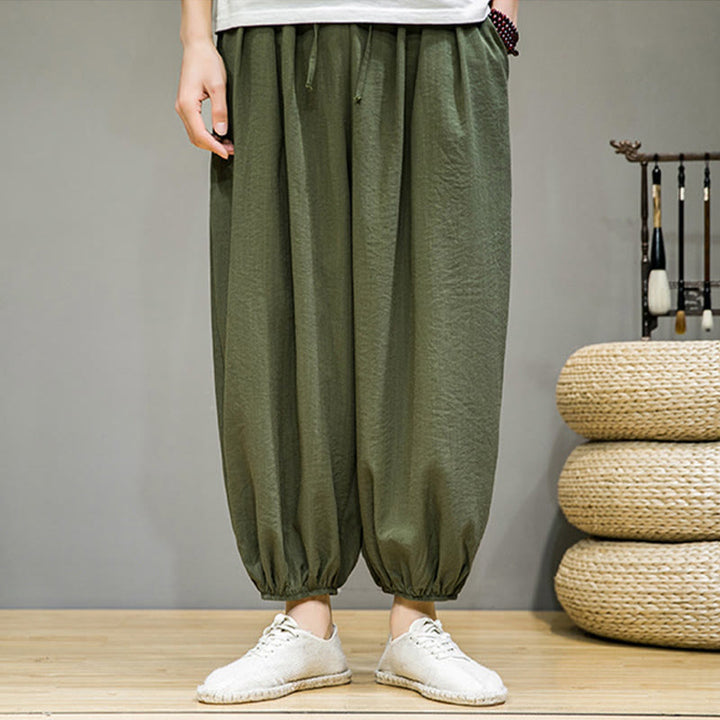 Pantalon Buddha Stones d'été en coton uni avec cordon de serrage et poches pour homme, longueur cheville - image 31