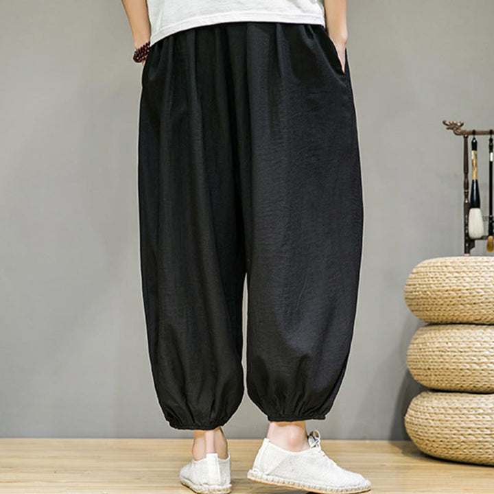 Pantalon Buddha Stones d'été en coton uni avec cordon de serrage et poches pour homme, longueur cheville - image 25