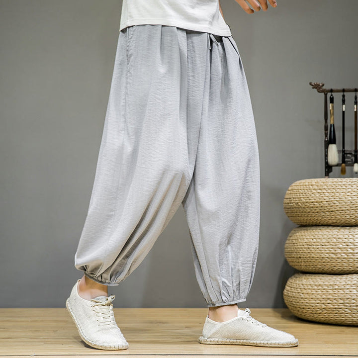 Pantalon Buddha Stones d'été en coton uni avec cordon de serrage et poches pour homme, longueur cheville - Gris clair - US/UK/AU46，EU56 (5XL) - image 9