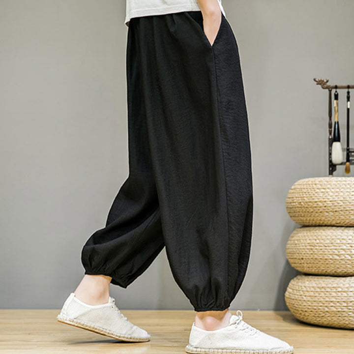 Pantalon Buddha Stones d'été en coton uni avec cordon de serrage et poches pour homme, longueur cheville - image 26