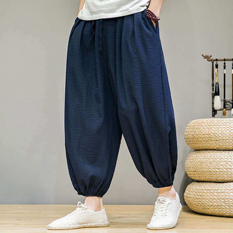 Pantalon Buddha Stones d'été en coton uni avec cordon de serrage et poches pour homme, longueur cheville - Marine - US/UK/AU46，EU56 (5XL) - image 0