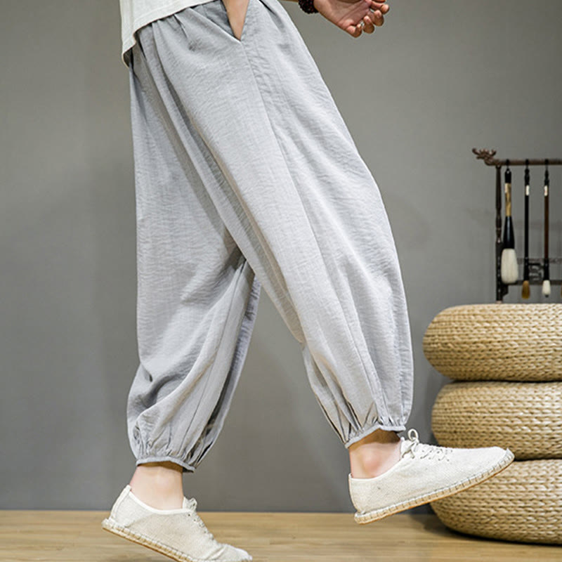 Pantalon Buddha Stones d'été en coton uni avec cordon de serrage et poches pour homme, longueur cheville - image 15