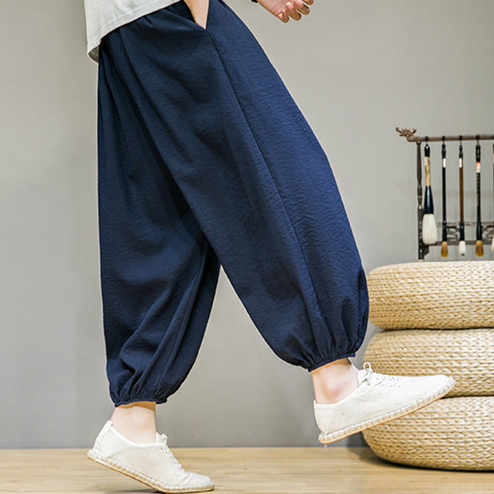 Pantalon Buddha Stones d'été en coton uni avec cordon de serrage et poches pour homme, longueur cheville - image 3