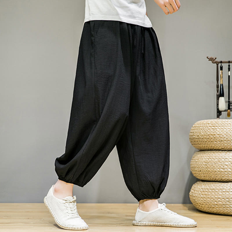 Pantalon Buddha Stones d'été en coton uni avec cordon de serrage et poches pour homme, longueur cheville - image 27