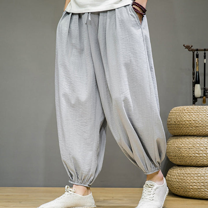 Pantalon Buddha Stones d'été en coton uni avec cordon de serrage et poches pour homme, longueur cheville - image 10