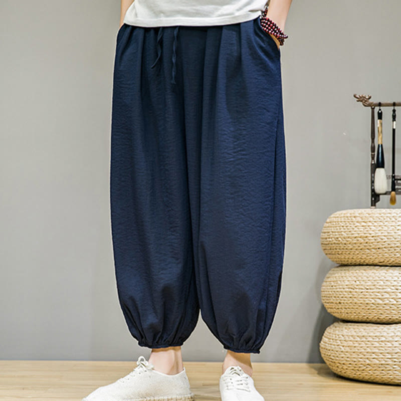 Pantalon Buddha Stones d'été en coton uni avec cordon de serrage et poches pour homme, longueur cheville - image 1