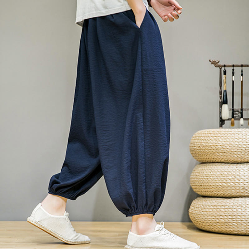 Pantalon Buddha Stones d'été en coton uni avec cordon de serrage et poches pour homme, longueur cheville - image 6