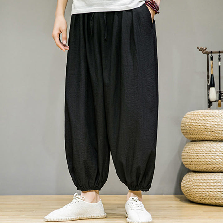 Pantalon Buddha Stones d'été en coton uni avec cordon de serrage et poches pour homme, longueur cheville - image 23
