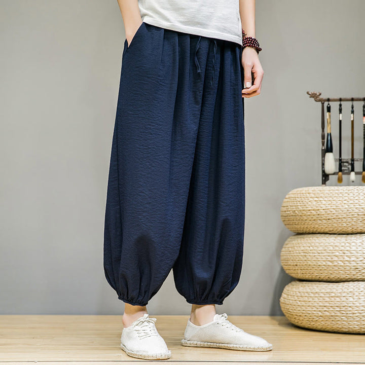 Pantalon Buddha Stones d'été en coton uni avec cordon de serrage et poches pour homme, longueur cheville - image 5