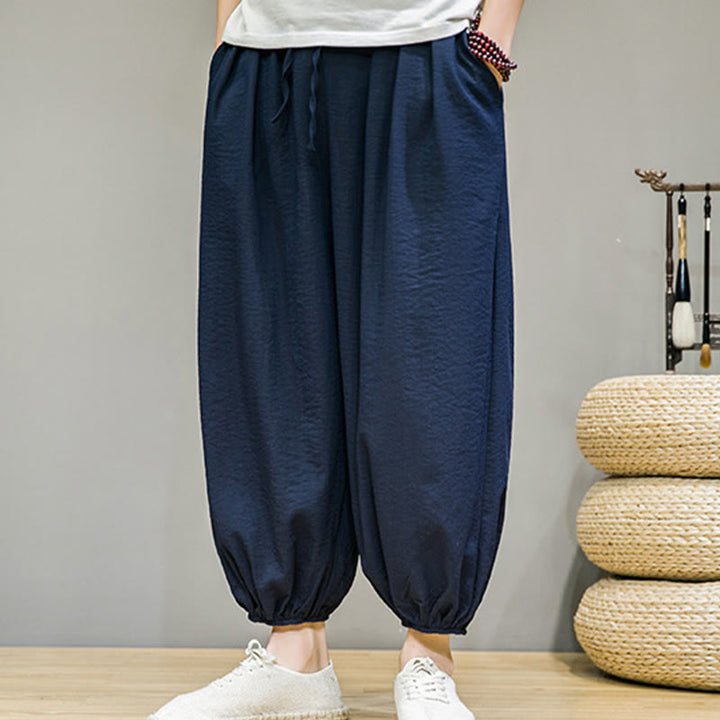 Pantalon Buddha Stones d'été en coton uni avec cordon de serrage et poches pour homme, longueur cheville - image 1