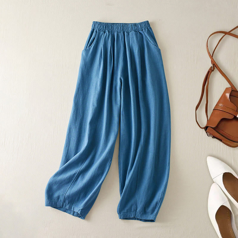 Pantalon pour femme en coton et lin uni avec poches Buddha Stones