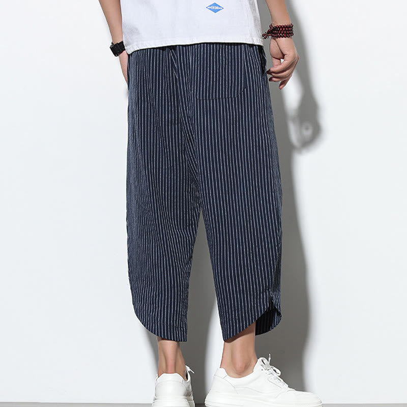 Pantalon Buddha Stones d'été à rayures et cordon de serrage en coton et lin pour homme, longueur 7-8, avec poches - image 35