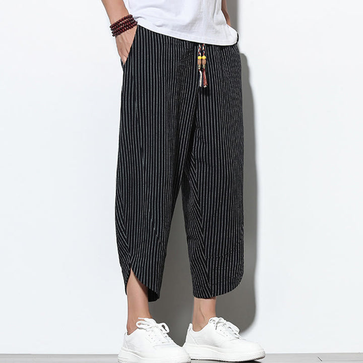 Pantalon Buddha Stones d'été à rayures et cordon de serrage en coton et lin pour homme, longueur 7-8, avec poches - image 10