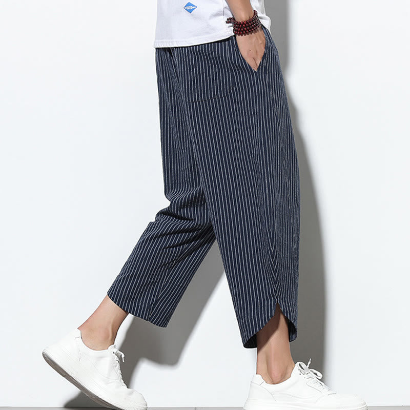 Pantalon Buddha Stones d'été à rayures et cordon de serrage en coton et lin pour homme, longueur 7-8, avec poches - image 38