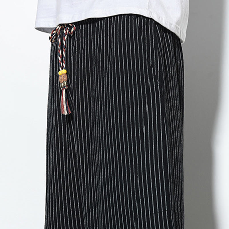 Pantalon Buddha Stones d'été à rayures et cordon de serrage en coton et lin pour homme, longueur 7-8, avec poches - image 20