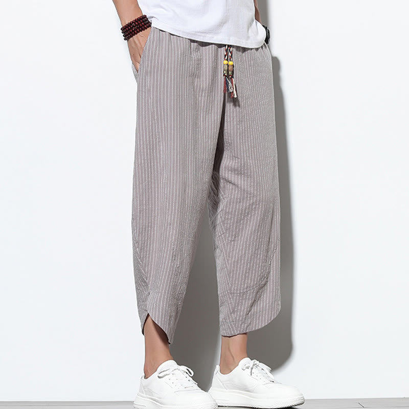 Pantalon Buddha Stones d'été à rayures et cordon de serrage en coton et lin pour homme, longueur 7-8, avec poches - image 26