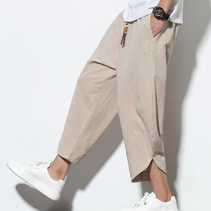 Pantalon Buddha Stones d'été à rayures et cordon de serrage en coton et lin pour homme, longueur 7-8, avec poches - Blanc antique - US/UK/AU46，EU56 (5XL) - image 0