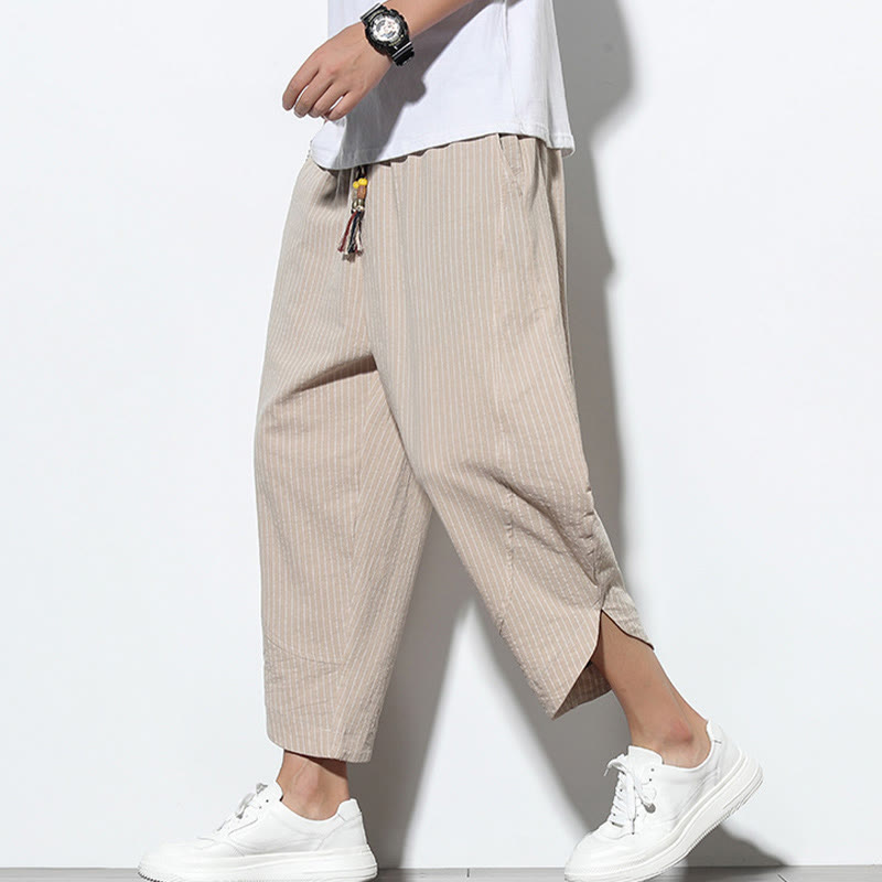 Pantalon Buddha Stones d'été à rayures et cordon de serrage en coton et lin pour homme, longueur 7-8, avec poches - image 1