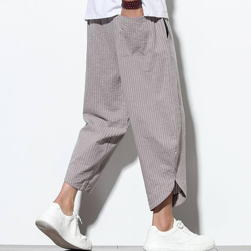Pantalon Buddha Stones d'été à rayures et cordon de serrage en coton et lin pour homme, longueur 7-8, avec poches - image 28