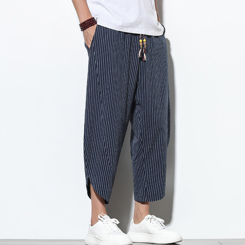 Pantalon Buddha Stones d'été à rayures et cordon de serrage en coton et lin pour homme, longueur 7-8, avec poches - image 34
