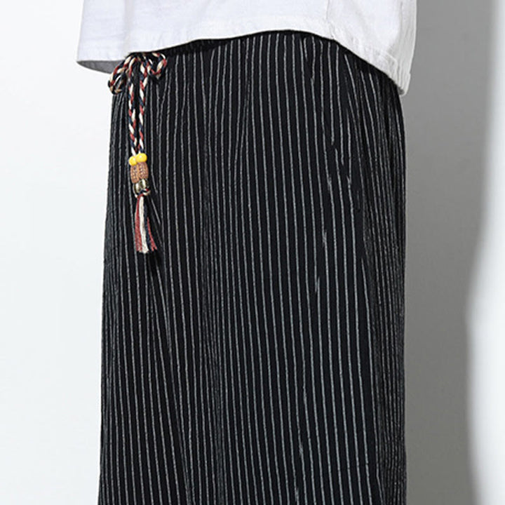 Pantalon Buddha Stones d'été à rayures et cordon de serrage en coton et lin pour homme, longueur 7-8, avec poches - image 20