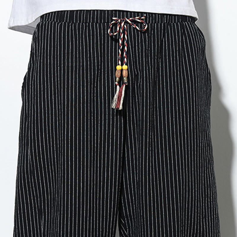 Pantalon Buddha Stones d'été à rayures et cordon de serrage en coton et lin pour homme, longueur 7-8, avec poches - image 18