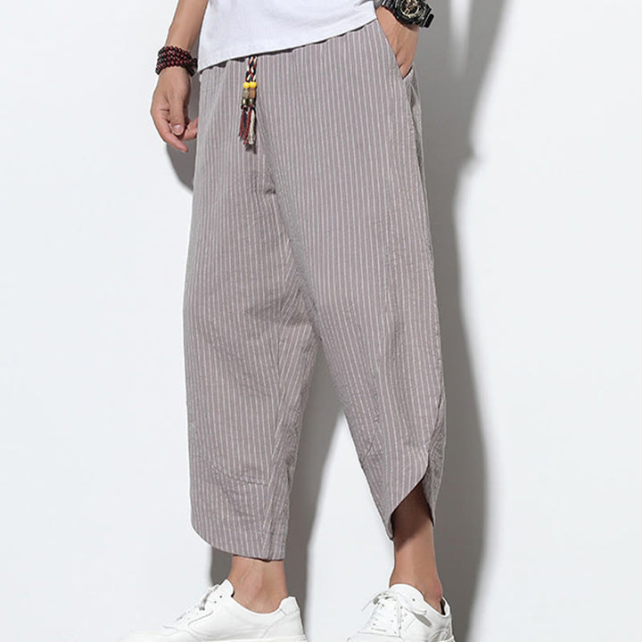 Pantalon Buddha Stones d'été à rayures et cordon de serrage en coton et lin pour homme, longueur 7-8, avec poches - image 23