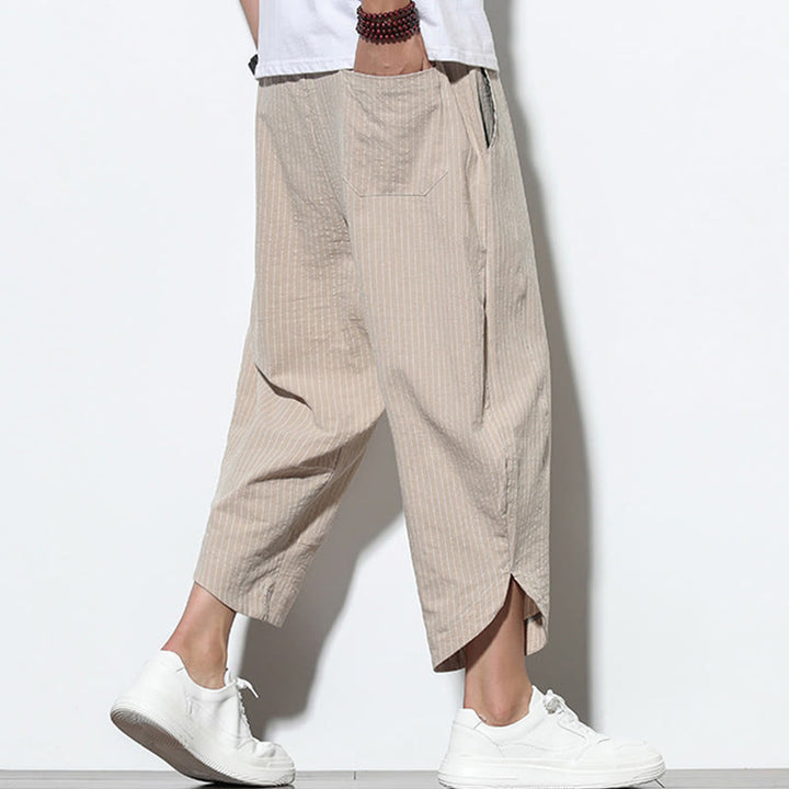 Pantalon Buddha Stones d'été à rayures et cordon de serrage en coton et lin pour homme, longueur 7-8, avec poches - image 4