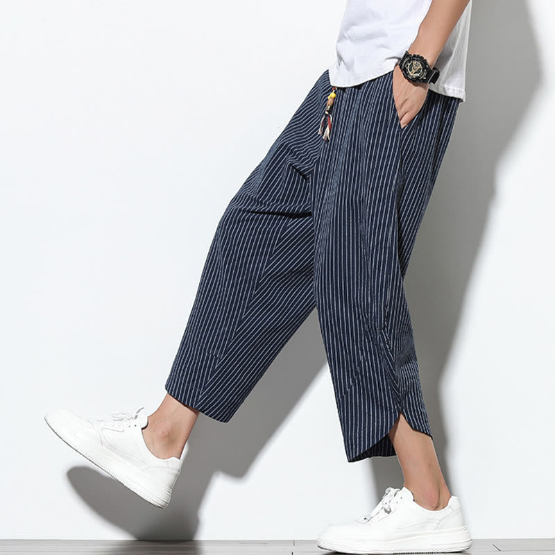 Pantalon Buddha Stones d'été à rayures et cordon de serrage en coton et lin pour homme, longueur 7-8, avec poches - image 36