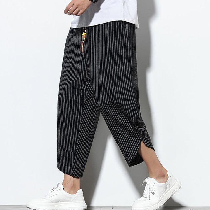 Pantalon Buddha Stones d'été à rayures et cordon de serrage en coton et lin pour homme, longueur 7-8, avec poches - image 12