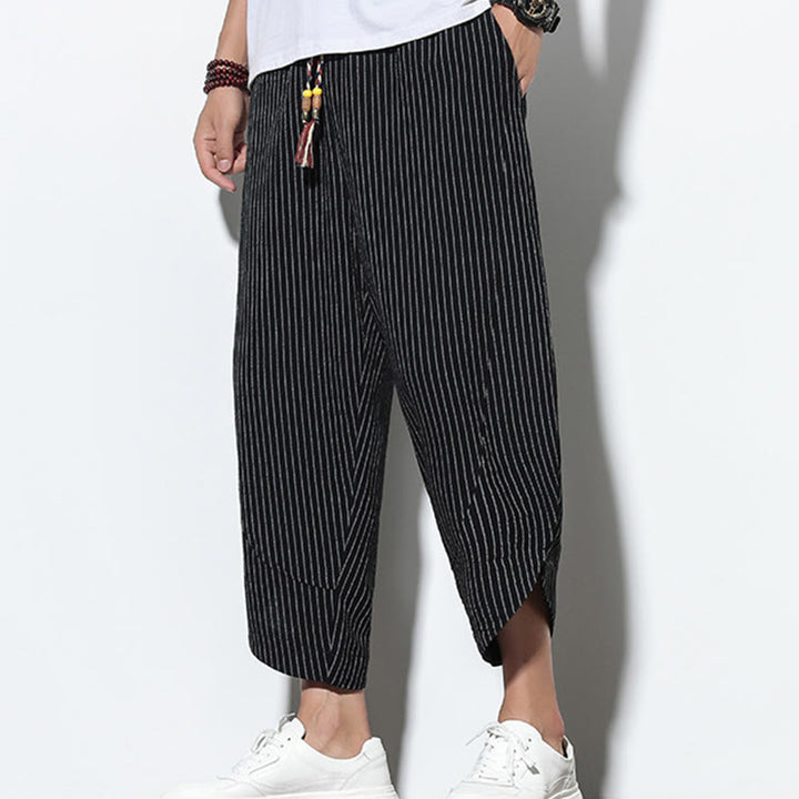 Pantalon Buddha Stones d'été à rayures et cordon de serrage en coton et lin pour homme, longueur 7-8, avec poches - image 13
