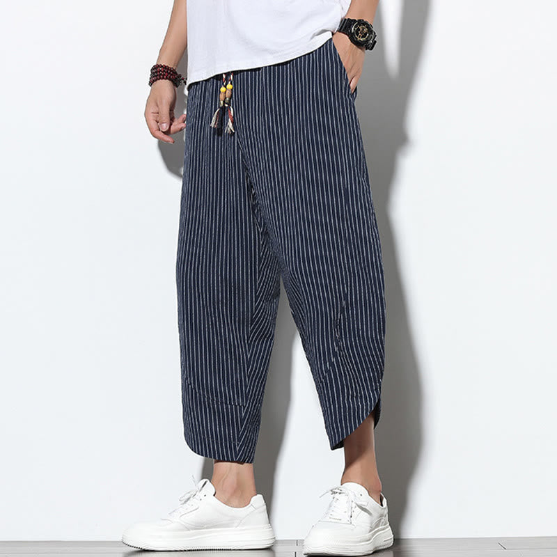 Pantalon Buddha Stones d'été à rayures et cordon de serrage en coton et lin pour homme, longueur 7-8, avec poches - image 32